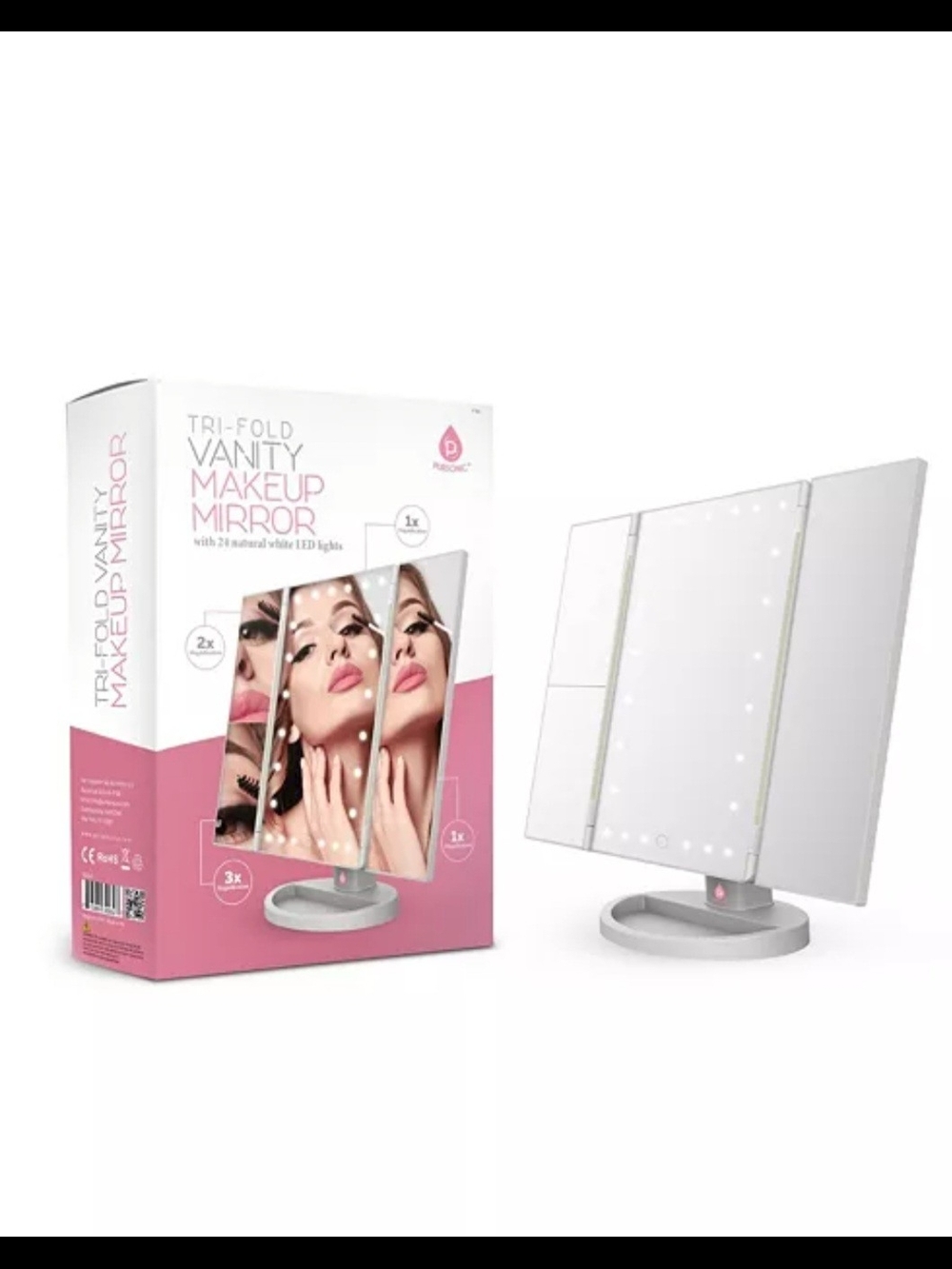 Tri-Fold LED Vanity Makeup Mirror - White